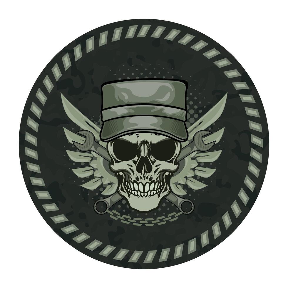 round sleeve military green camouflage chevron military driver with skull in military cap on white background vector