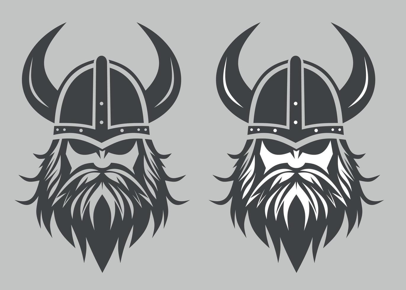 black and white icon of viking face in helmet with horns on grey background vector