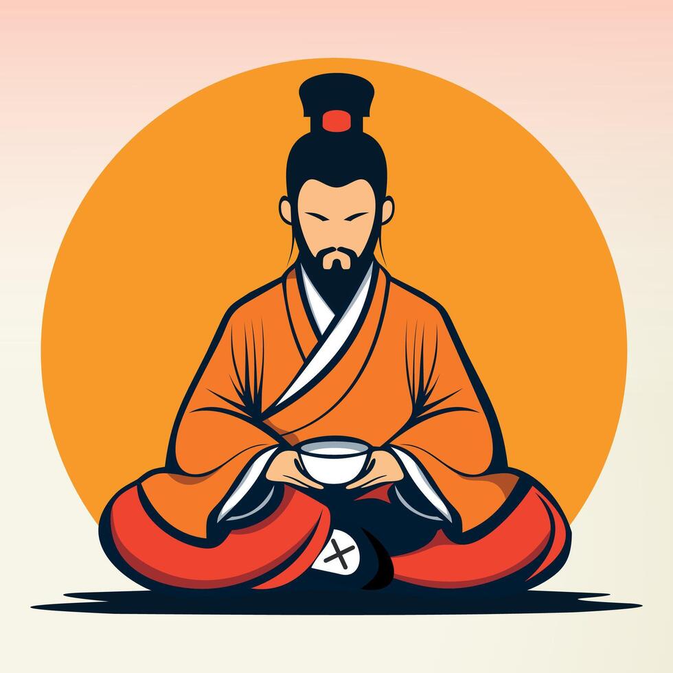 sitting buddhist chinese monk in national clothes vector