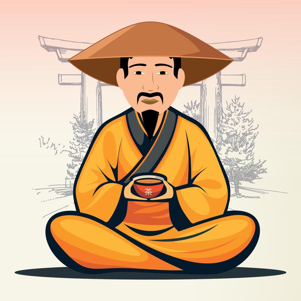 sitting chinese monk in national chinese clothes and hat with cup of tea against gate background vector