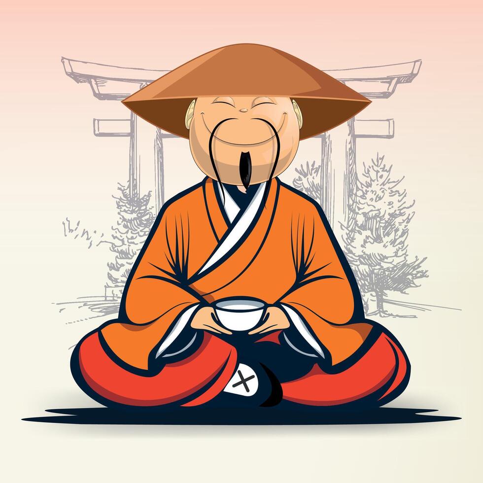 sitting buddhist monk in national chinese clothes and hat with cup of tea against gate background vector