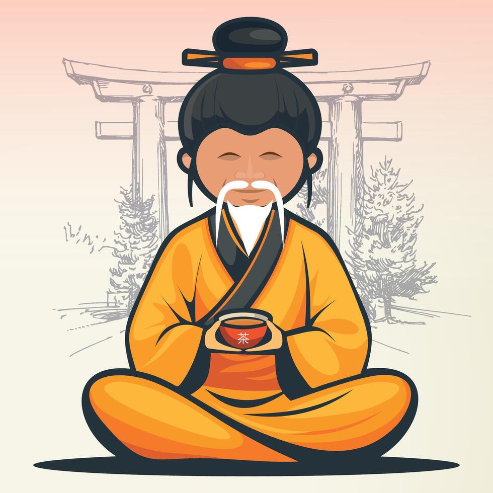 buddhist chinese monk in national chinese clothes and hat with cup of tea against gate background vector