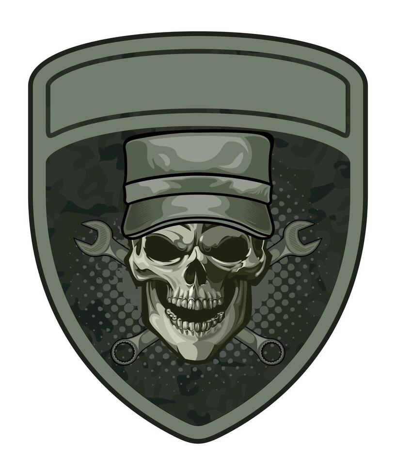 sleeve military army green camouflage chevron military driver with skull in military cap and with wrenches on white background vector
