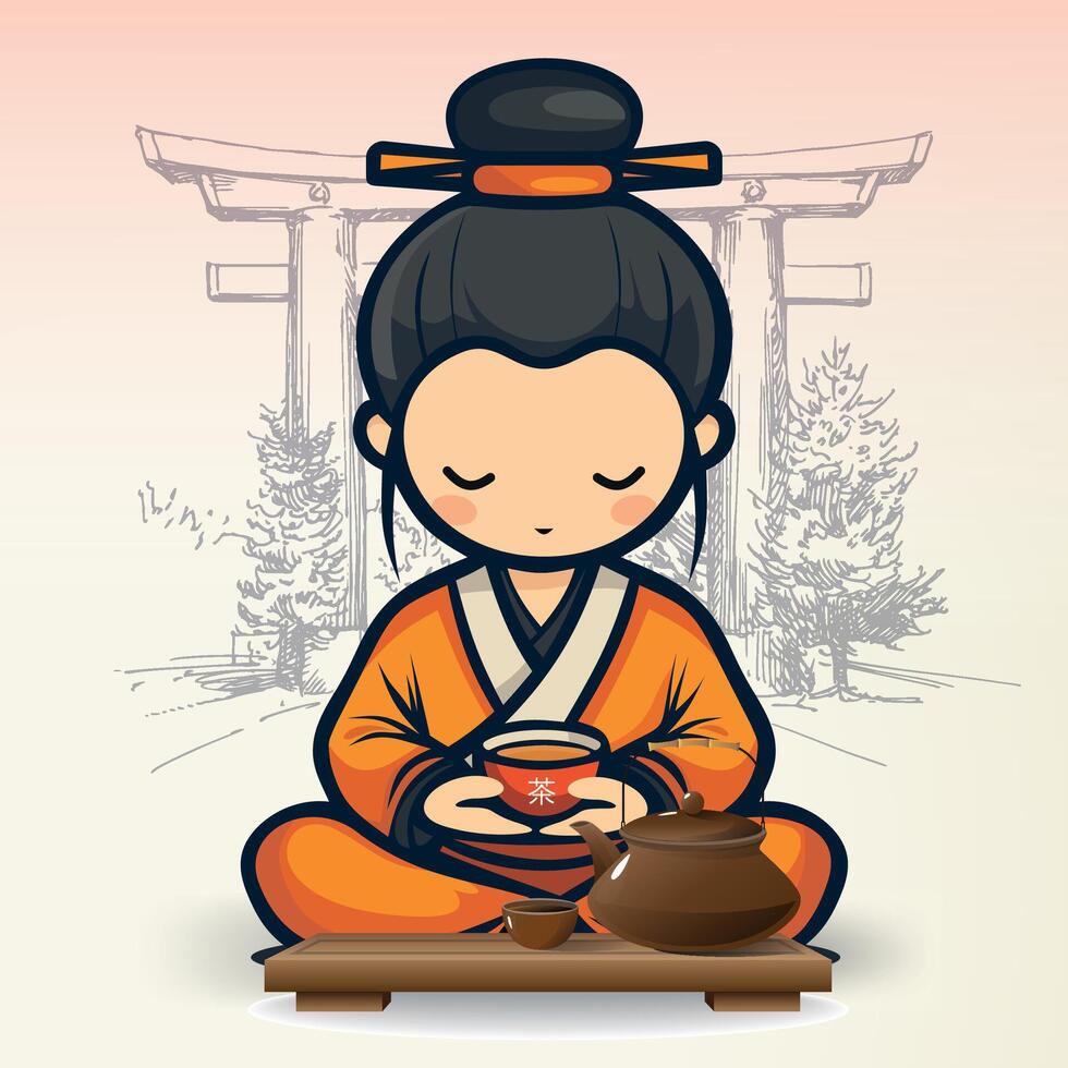 seated chinese tea master in national chinese clothes and hat with cup of tea in front of table against background of gate vector