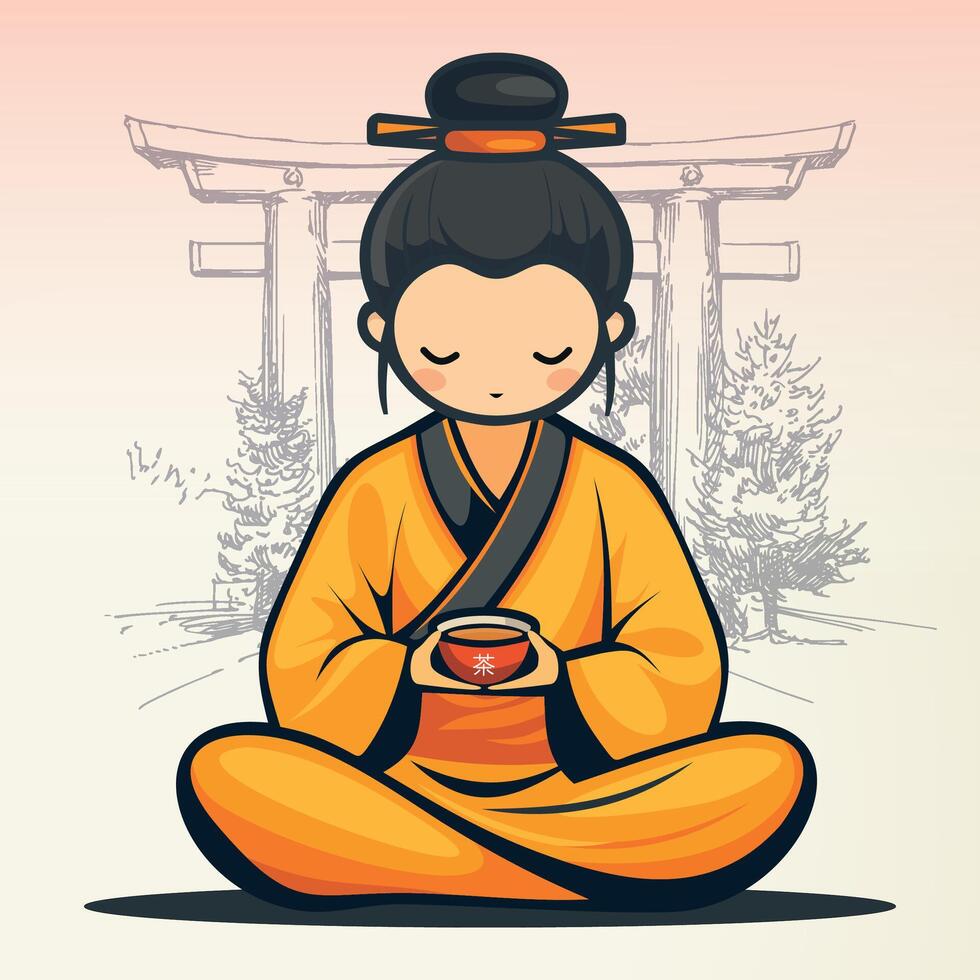 sitting buddhist chinese monk in national chinese clothes and hat with cup of tea vector