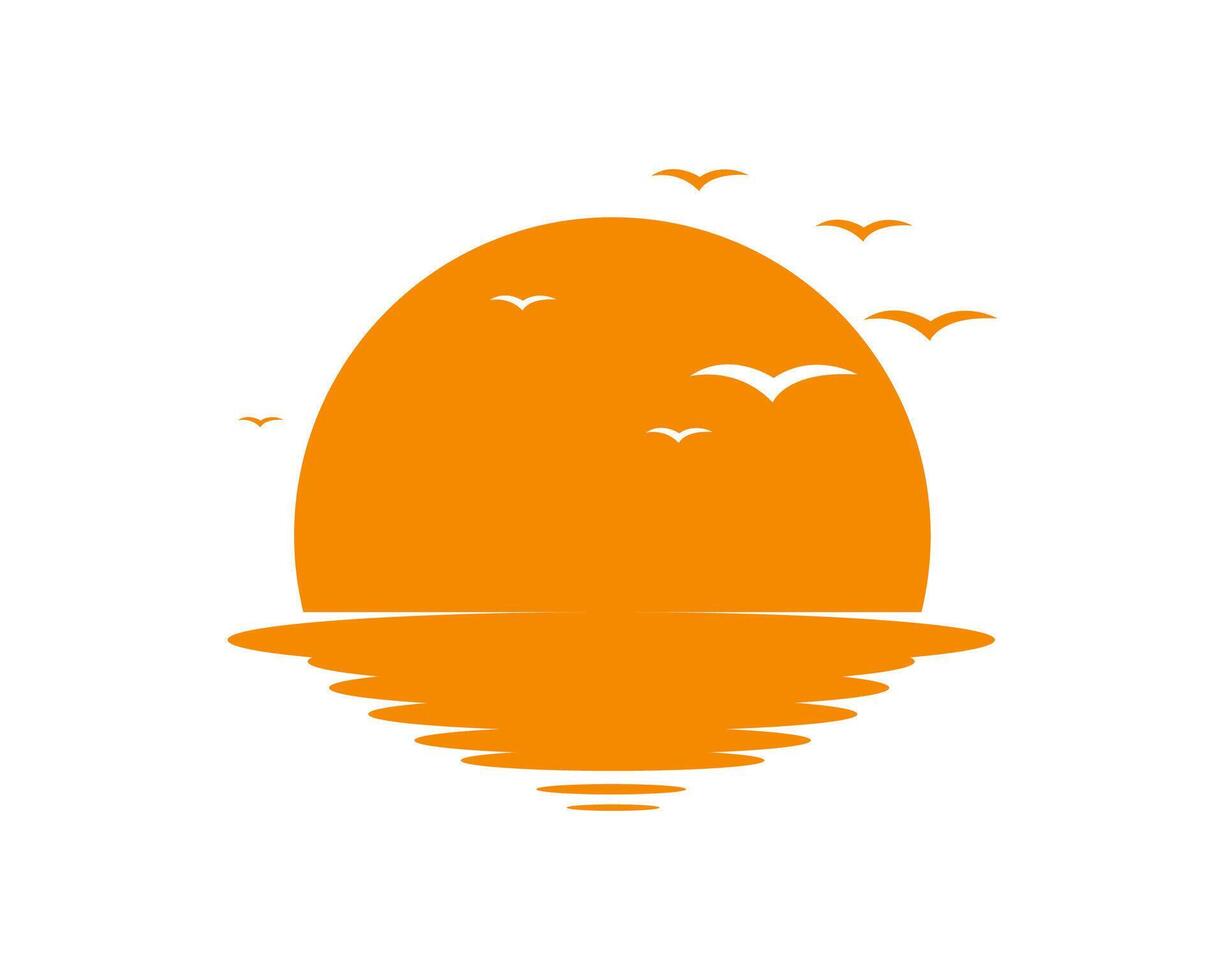 Sunset Ocean Scene Orange Sky, Birds Flying, Water Reflection vector