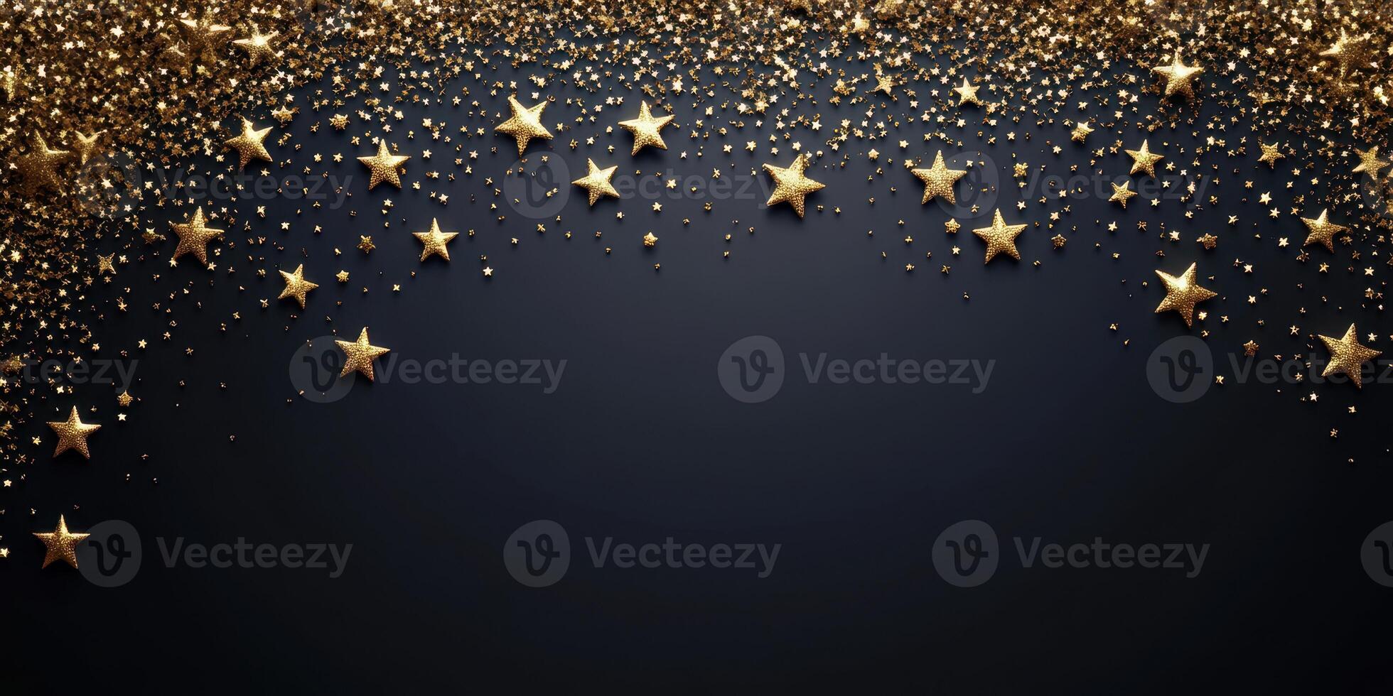 Gold stars and glitter scattered on a dark background create a festive atmosphere perfect for celebrations and parties photo