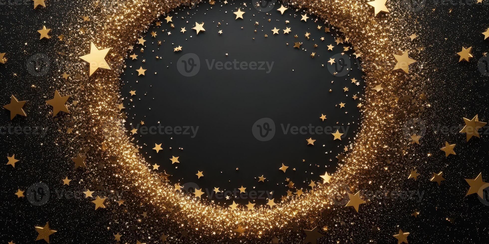Bright golden stars and glimmering glitter create a festive circular pattern on a dark background for celebratory occasions photo