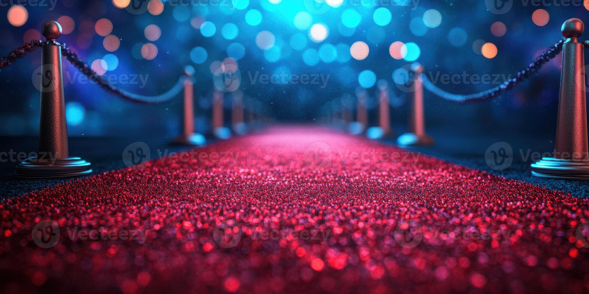 Red carpet leading to a glamorous event with blue bokeh lights illuminating the background photo