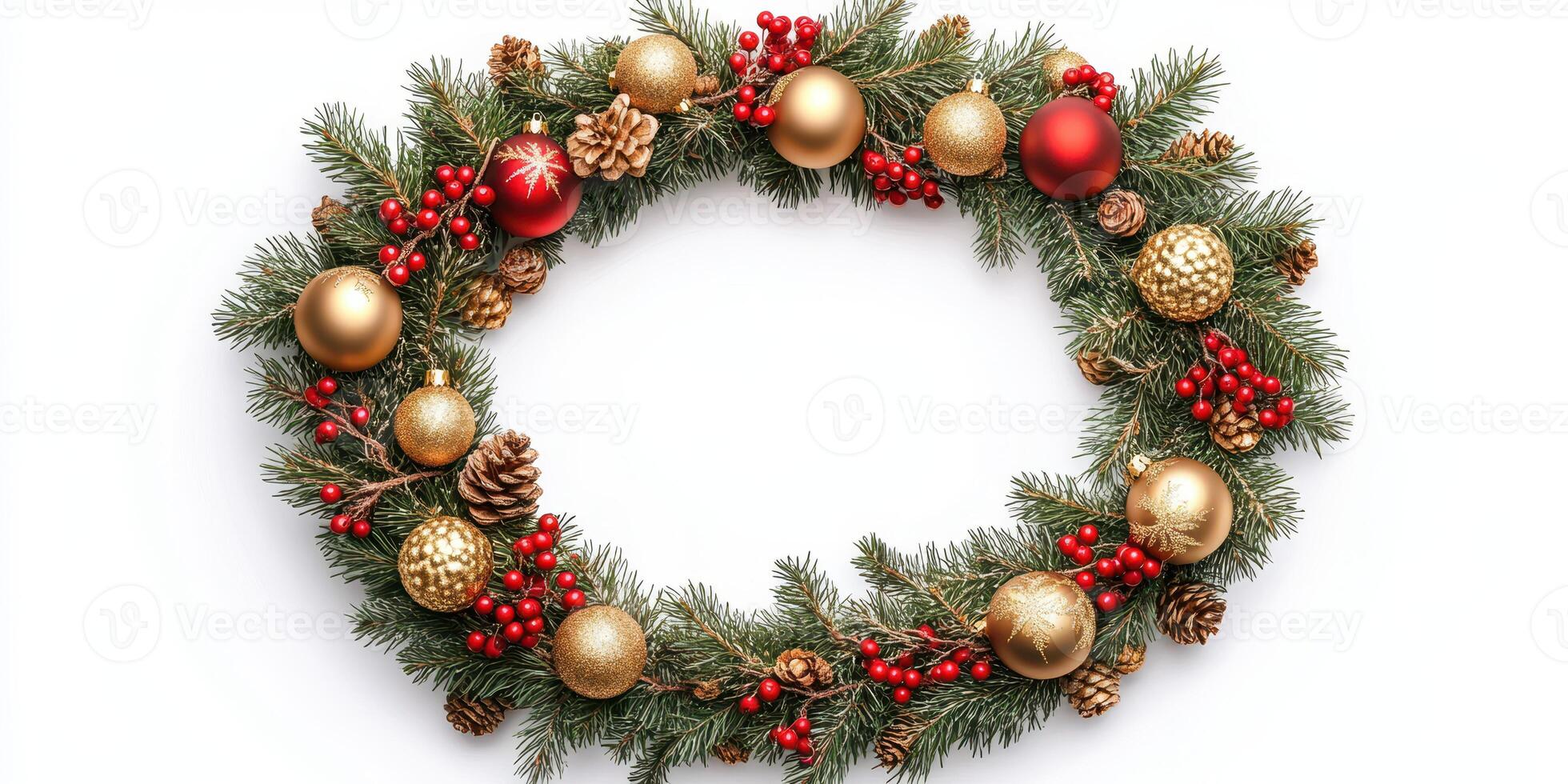 Festive holiday wreath decorated with gold and red ornaments and pinecones on a white background photo
