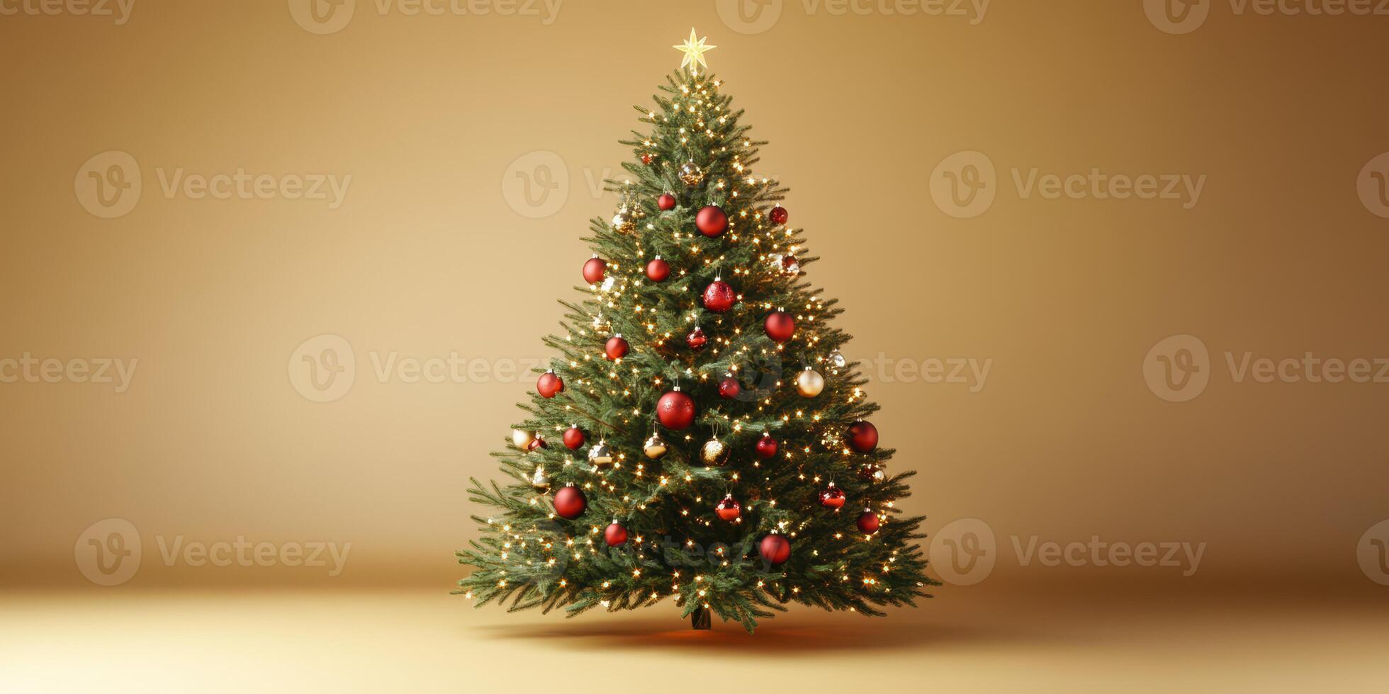 Festive Christmas tree adorned with red and gold ornaments on a warm, neutral background photo