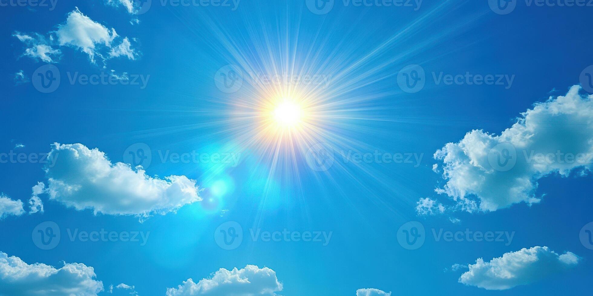 Bright sun shines over a clear blue sky with fluffy clouds on a warm summer day photo