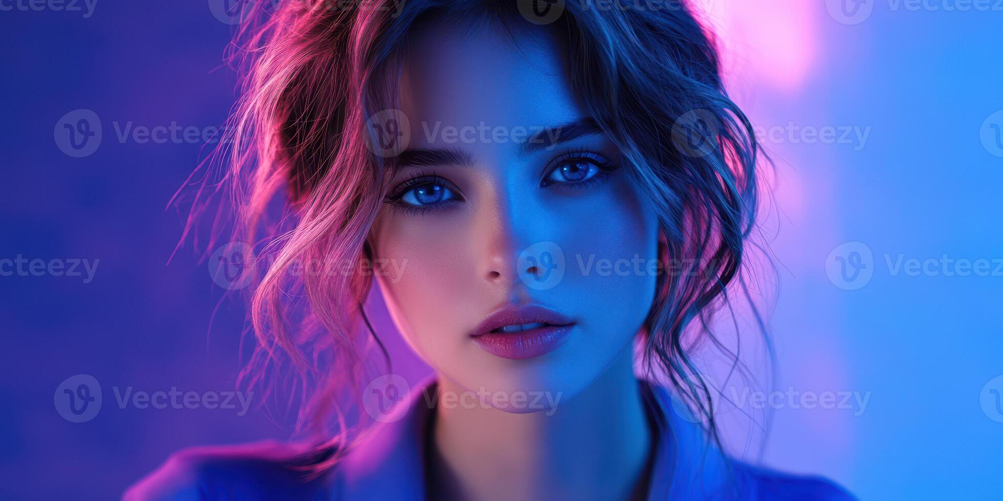 Young woman with striking features illuminated by colorful lights posing in a close-up portrait photo
