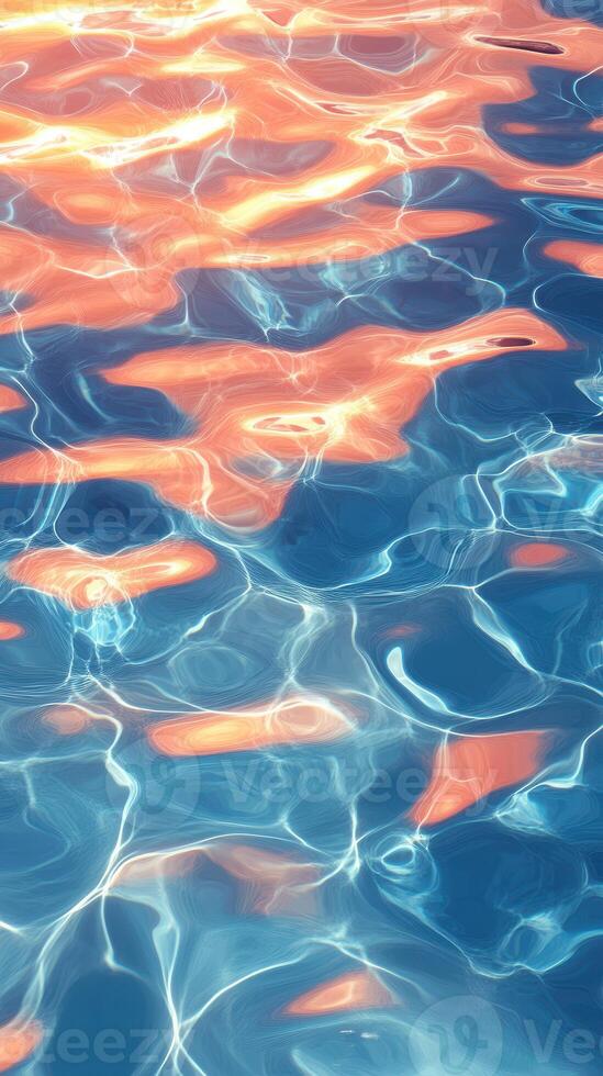 Beautiful reflections on water surface at sunset with vibrant hues and rippling patterns photo
