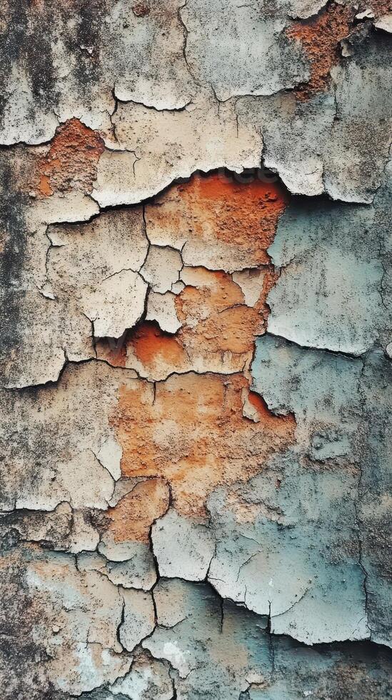 Cracked wall texture showing layers of color and age in an urban environment photo