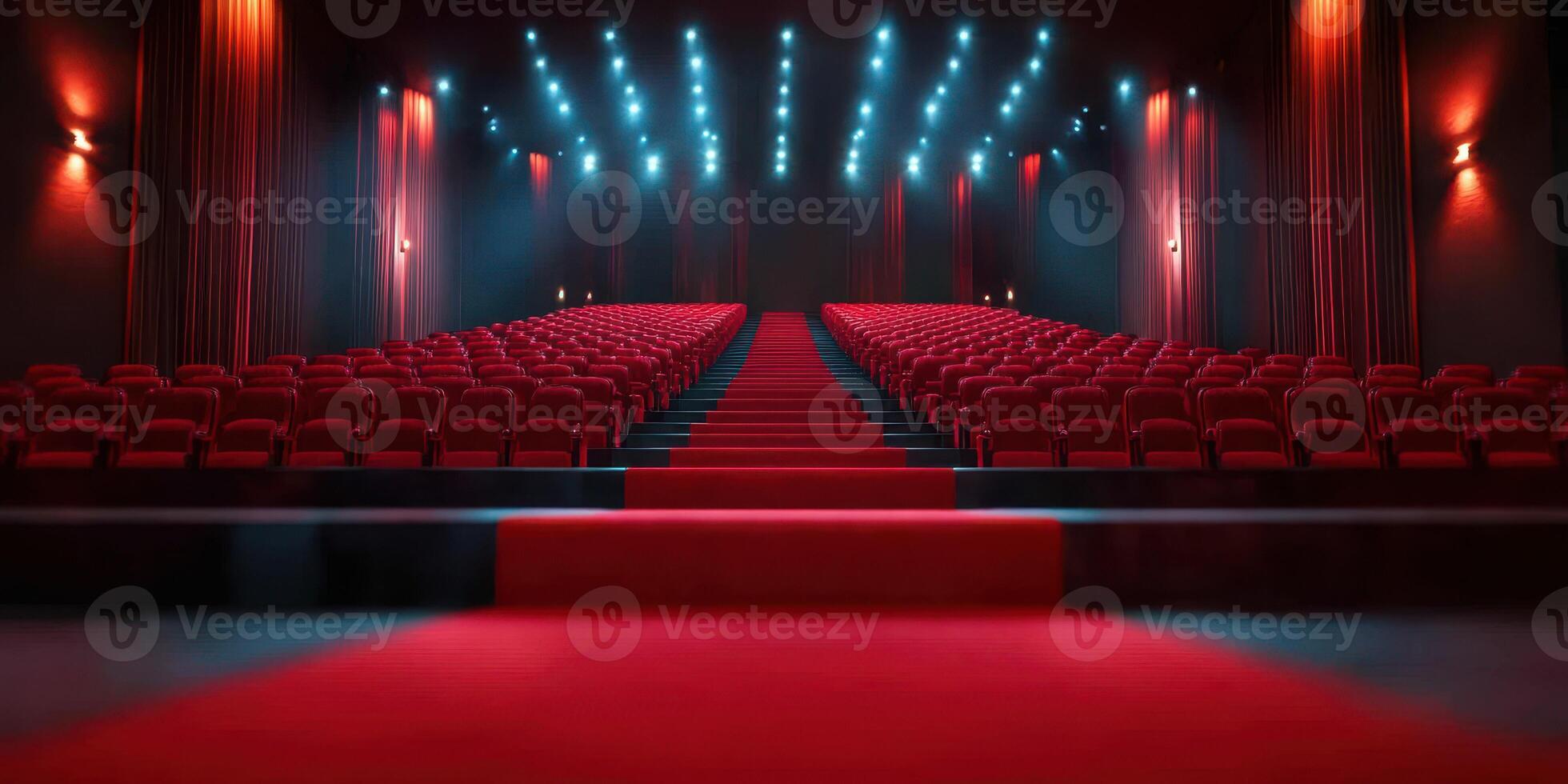 Red carpet leading to empty theater seating illuminated by bright stage lights in a lively ambiance photo