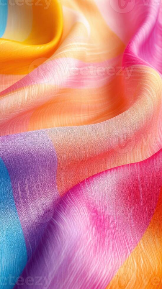 Colorful silk fabric draped elegantly with a vibrant blend of hues in soft lighting photo