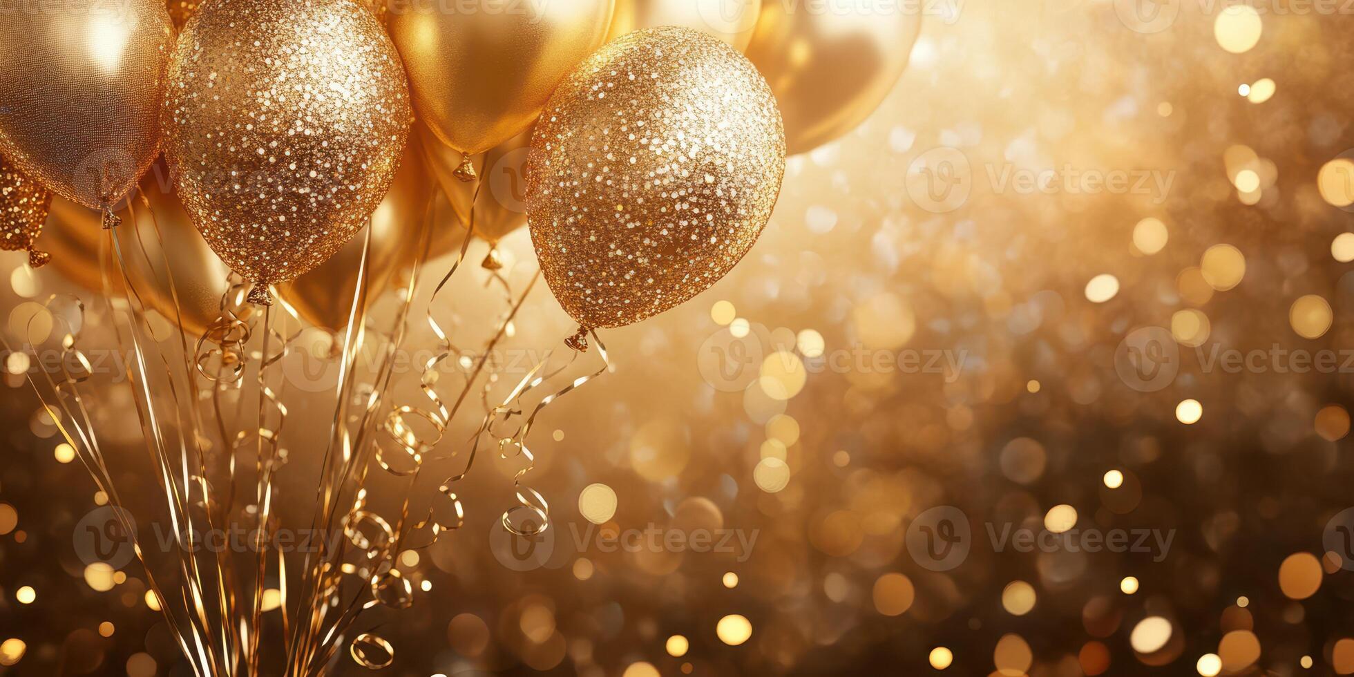 Celebration is enhanced with sparkling gold balloons against a shimmering background filled with light photo