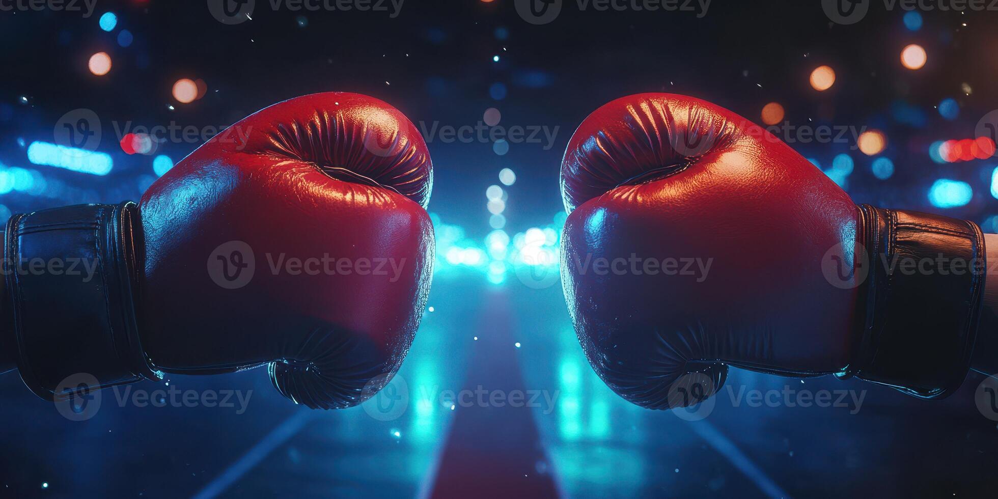 Intense boxing gloves sparring in a vibrant arena with neon lights during a competitive match photo