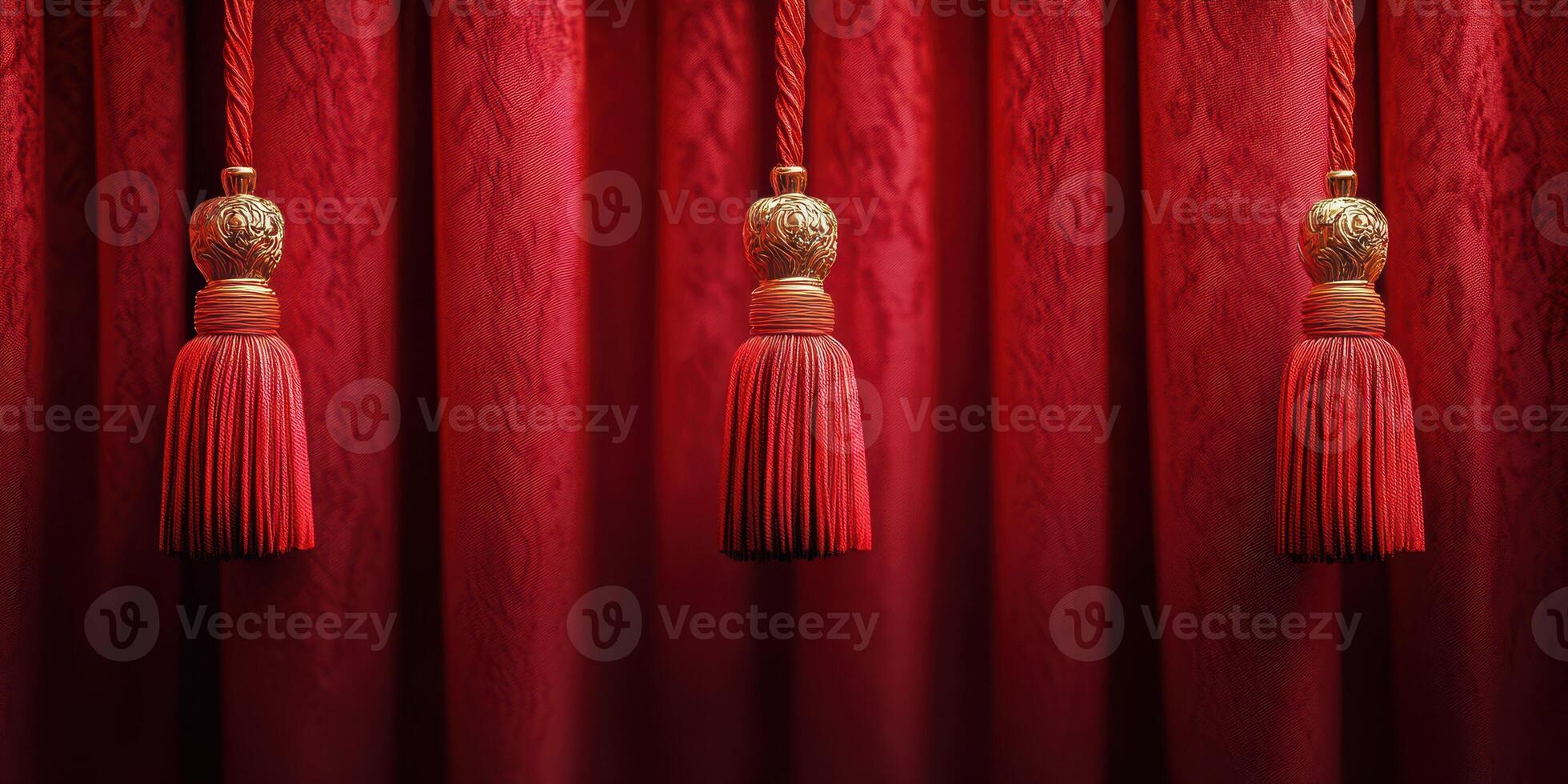 Luxurious red curtain with elegant tassels enhancing the ambiance of a grand theater interior photo