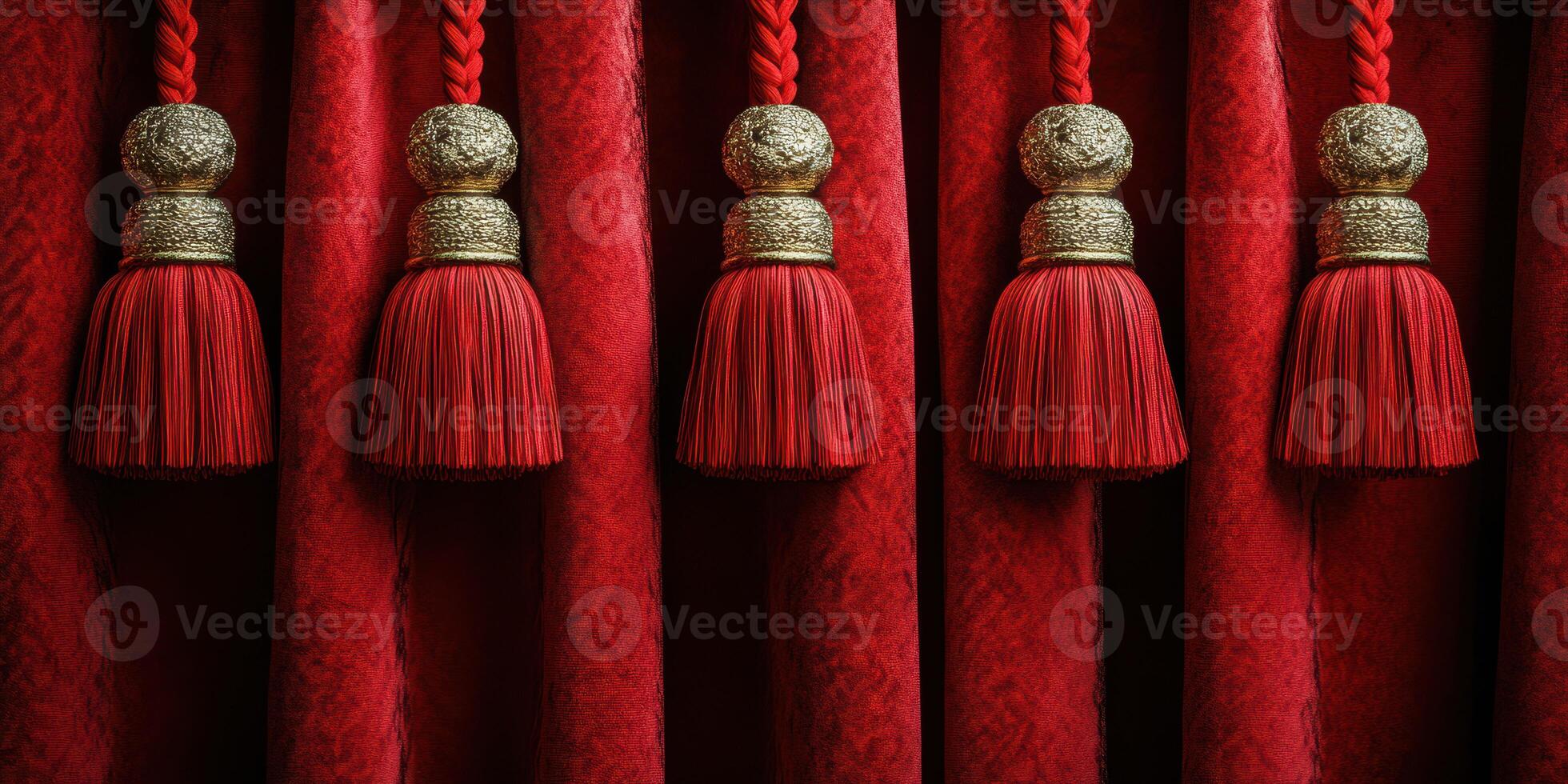 Decorative red tassels hang gracefully from rich velvet curtains in an elegant setting for an upcoming performance photo