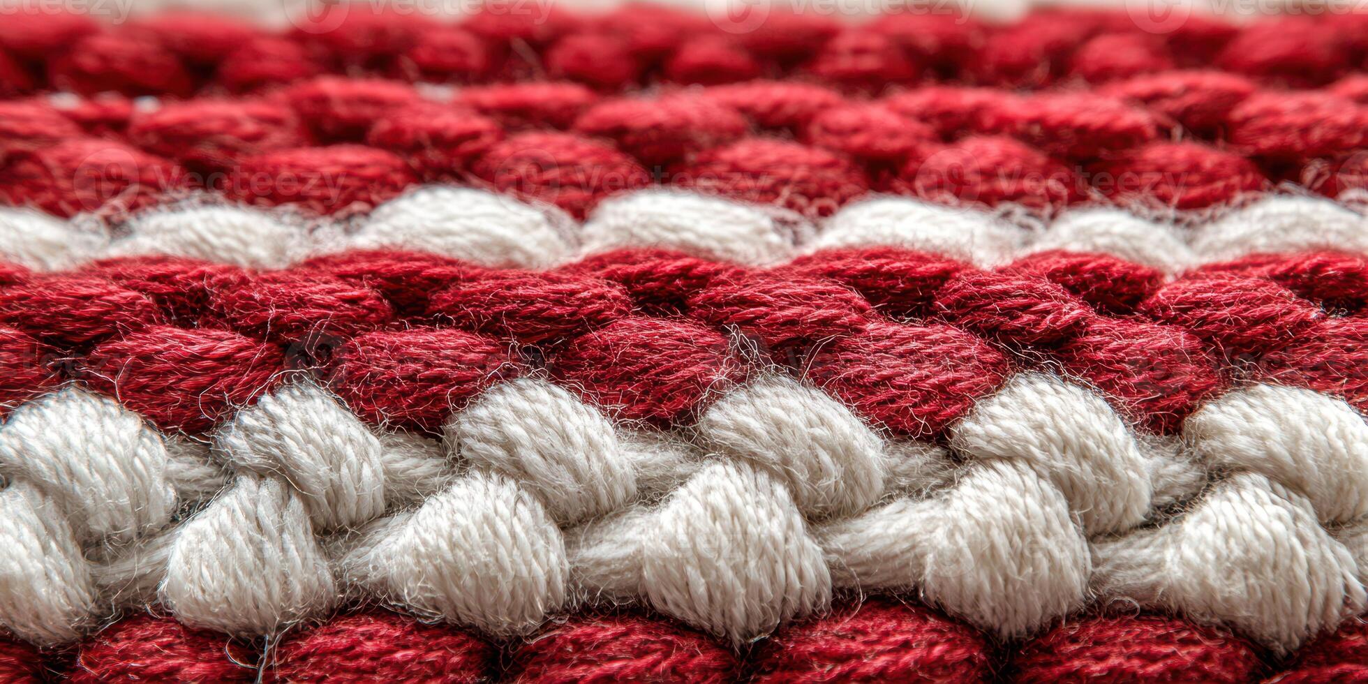 Texture of woven red and white fabric close-up revealing intricate patterns and craftsmanship photo