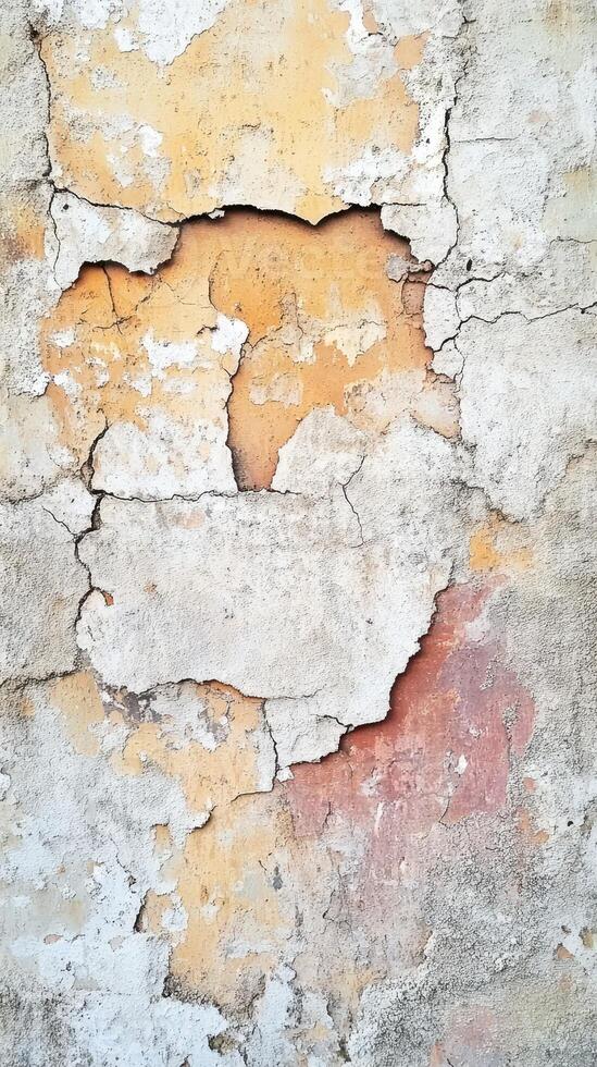 Cracked wall displaying layers of peeling paint and texture in a weathered urban setting photo