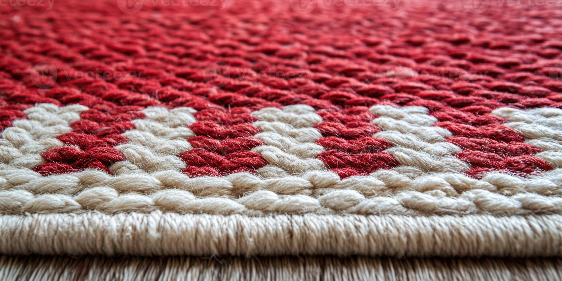 Intricate red and white woven rug displaying traditional craftsmanship in natural light indoors photo