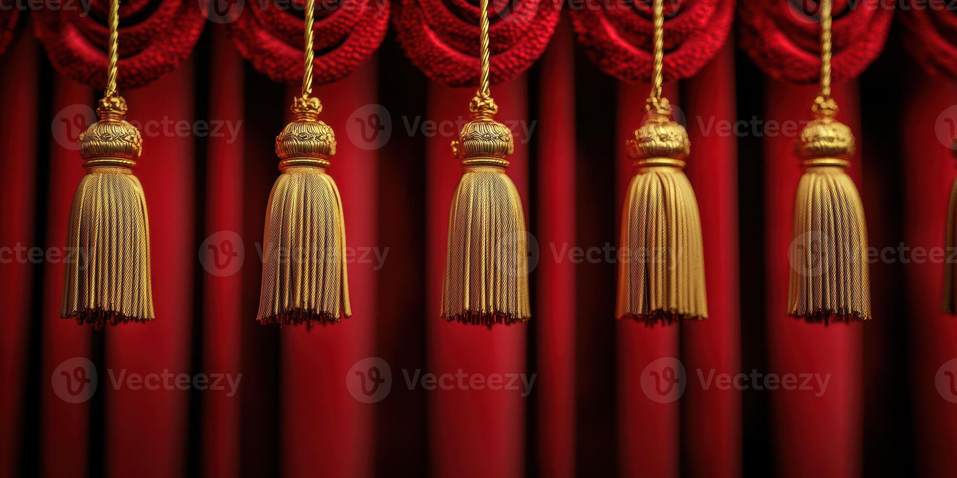 Elegant red curtains adorned with golden tassels creating a rich theatrical atmosphere photo
