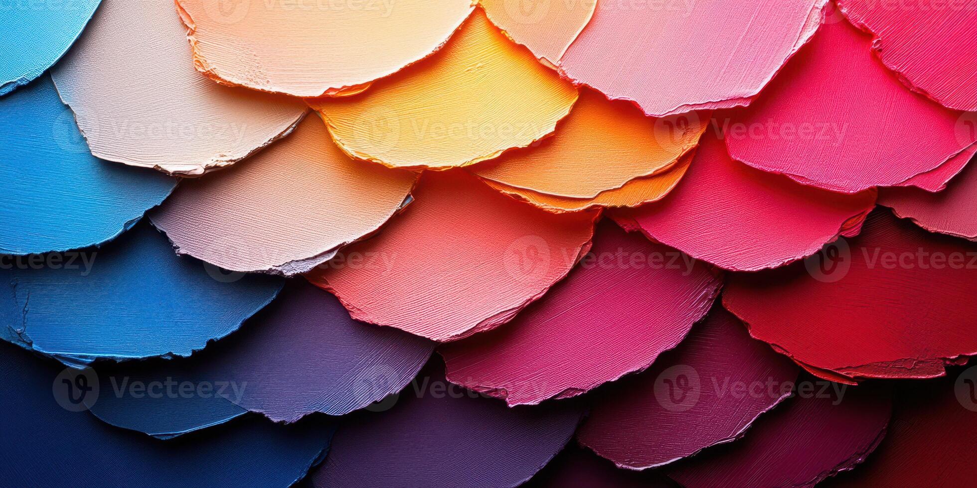 Vibrant layers of painted textures in hues of blue, orange, and pink create a striking visual at an art studio photo