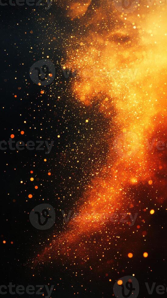 Vibrant cosmic dust swirling in golden hues against a dark background creating a dynamic, ethereal atmosphere photo