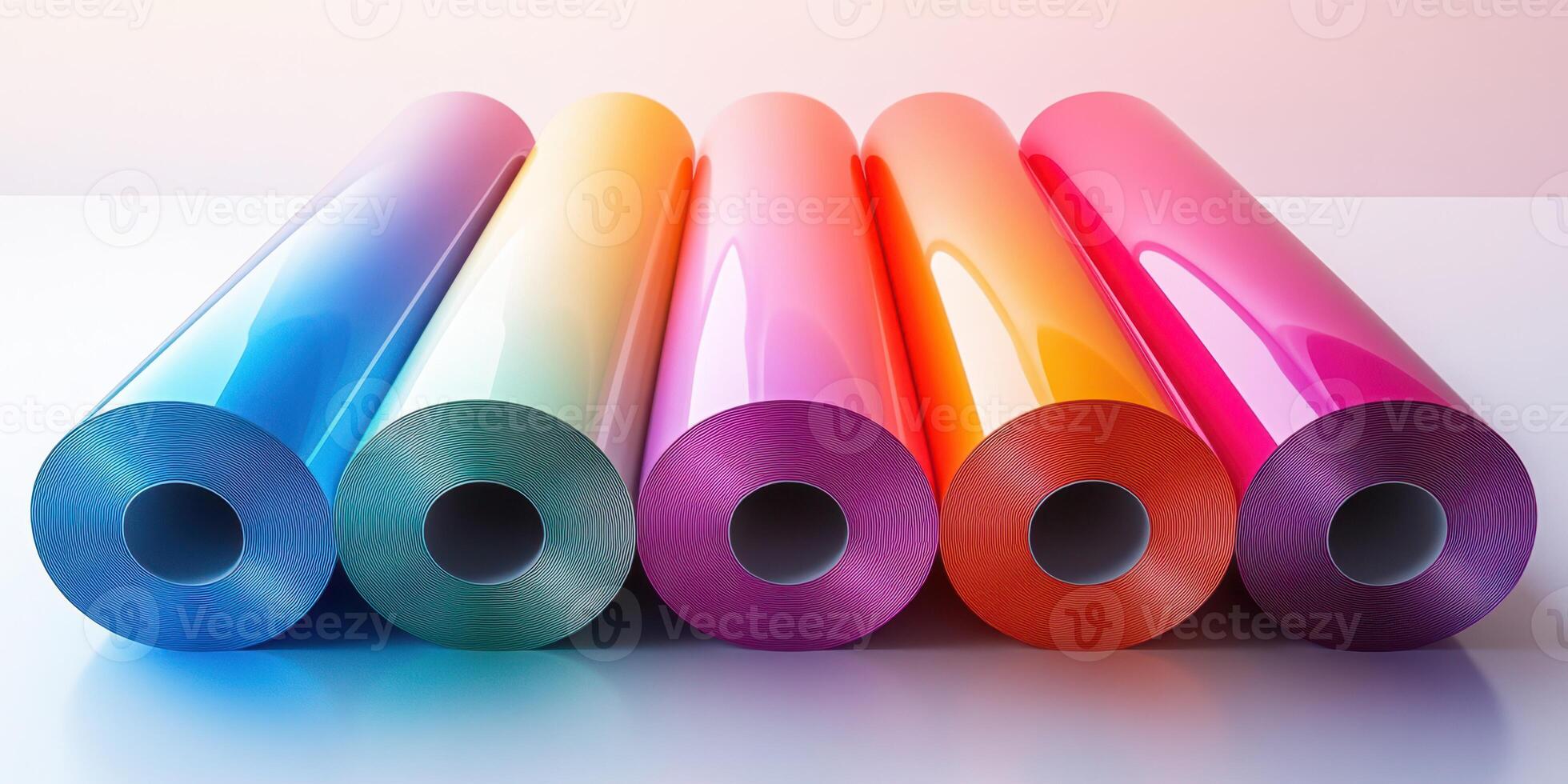 Vibrant rolls of glossy wrapping paper displayed in a gradient from blue to pink, perfect for creative gift packaging photo