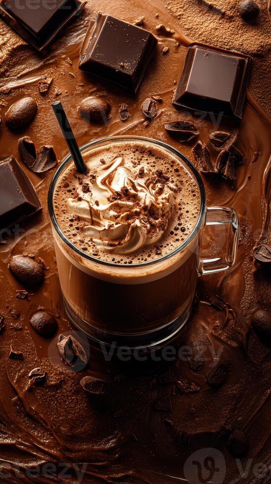 Creamy chocolate beverage topped with whipped cream and chocolate shavings on a bed of cocoa and coffee beans photo
