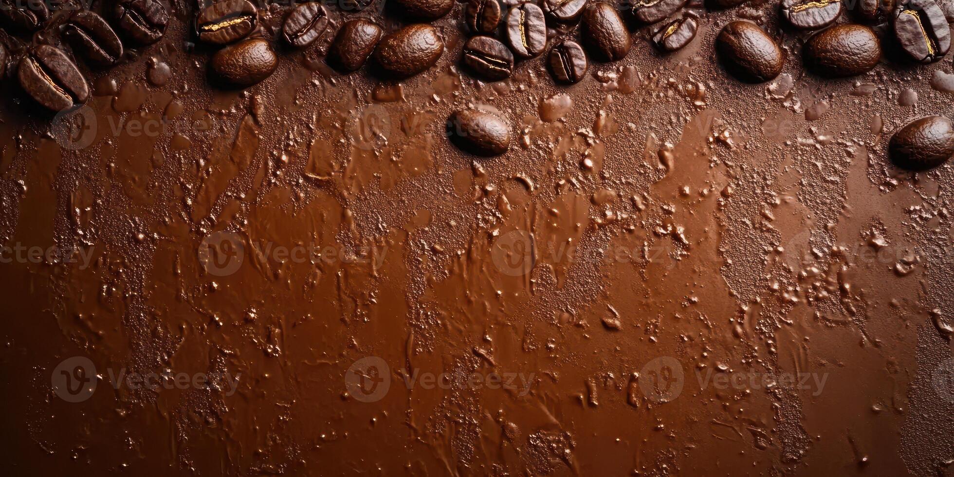 Rich coffee beans scattered over a smooth, dark chocolate surface in a cozy kitchen environment photo