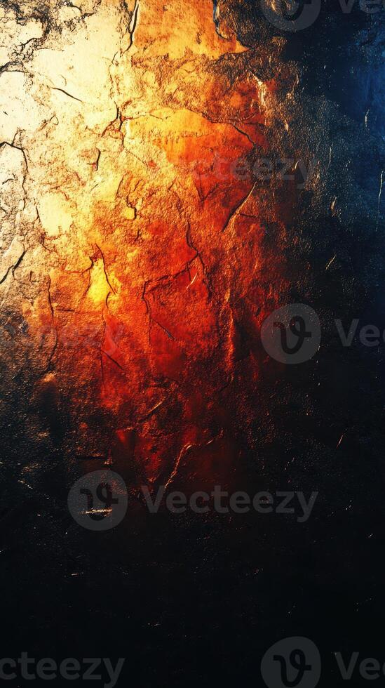Vibrant texture of cracked surface illuminated by warm and cool tones showcasing contrast and depth photo