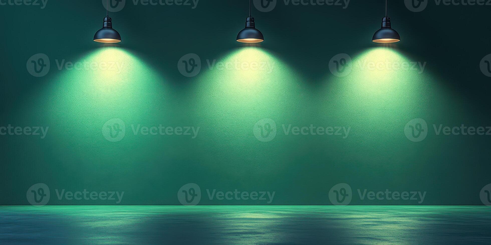 Room with three hanging lights illuminating a green wall in a contemporary setting photo