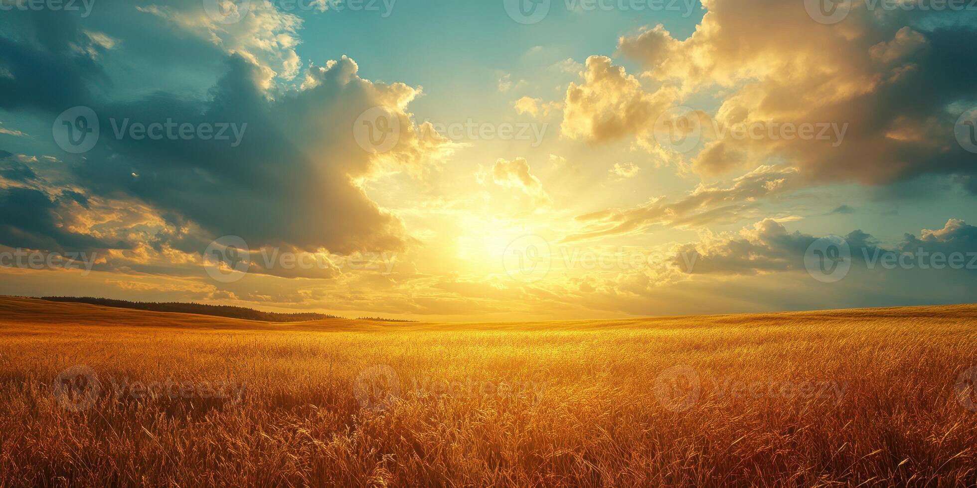 Golden sunset illuminating a serene grassy field with vibrant clouds overhead photo