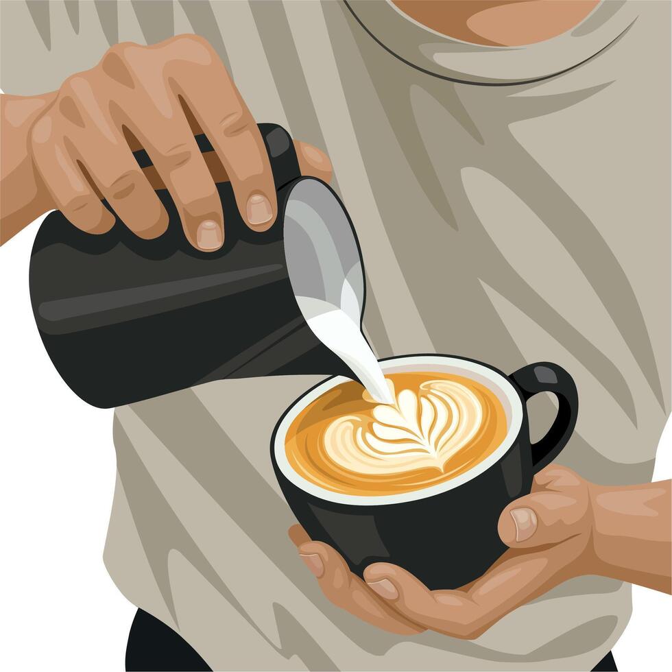 Illustration of barista hand making coffee latte art, isolated on dark background. vector