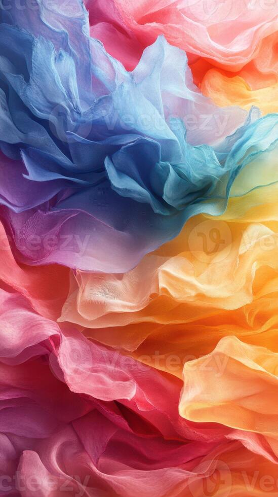 Colorful fabric layers creating a vibrant and dynamic texture, showcasing a blend of shades and hues photo