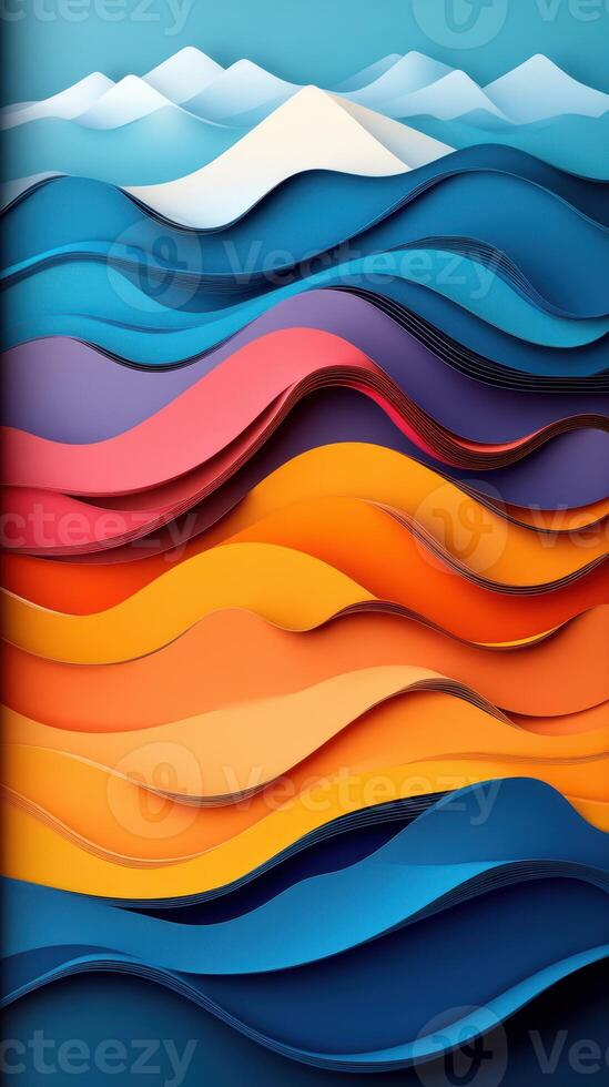 Vibrant layers of paper waves create an abstract landscape with mountains in the background photo
