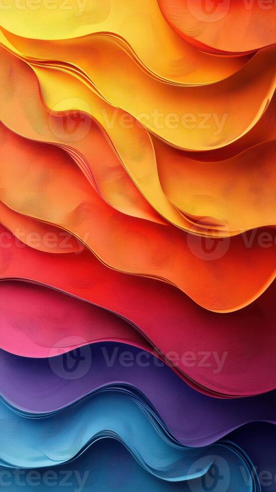 Colorful abstract wave patterns create a harmonious blend of hues in this vibrant artwork displayed on a textured surface photo