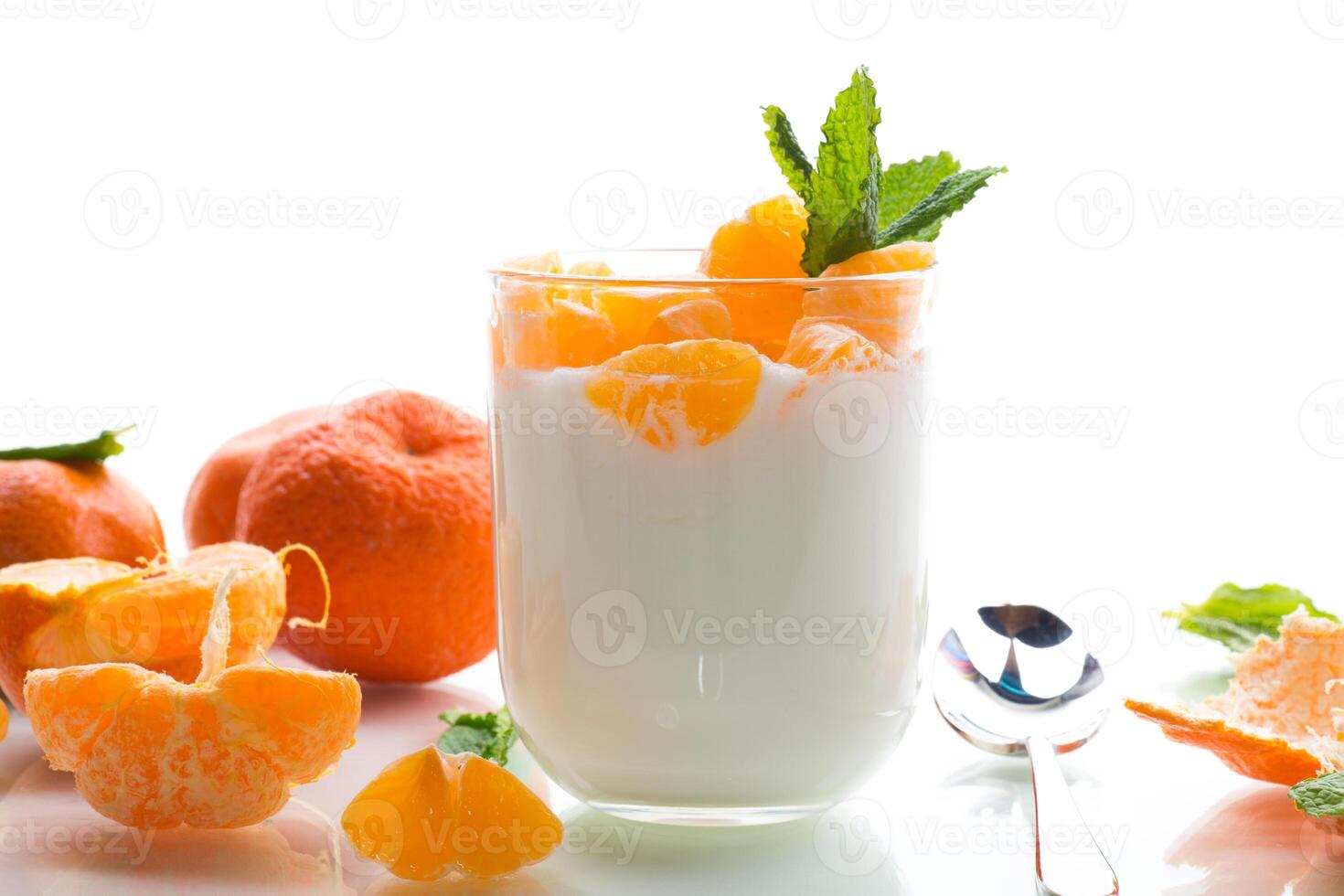 Light breakfast with fruits and mint, isolated on white background photo