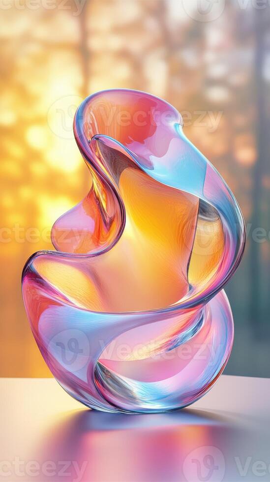 Colorful glass sculpture reflecting sunlight in an artistic display of curves and transparency photo