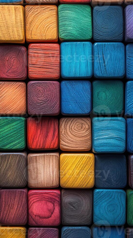 Colorful wooden blocks arranged in a vibrant pattern suitable for creative play and children's activities photo