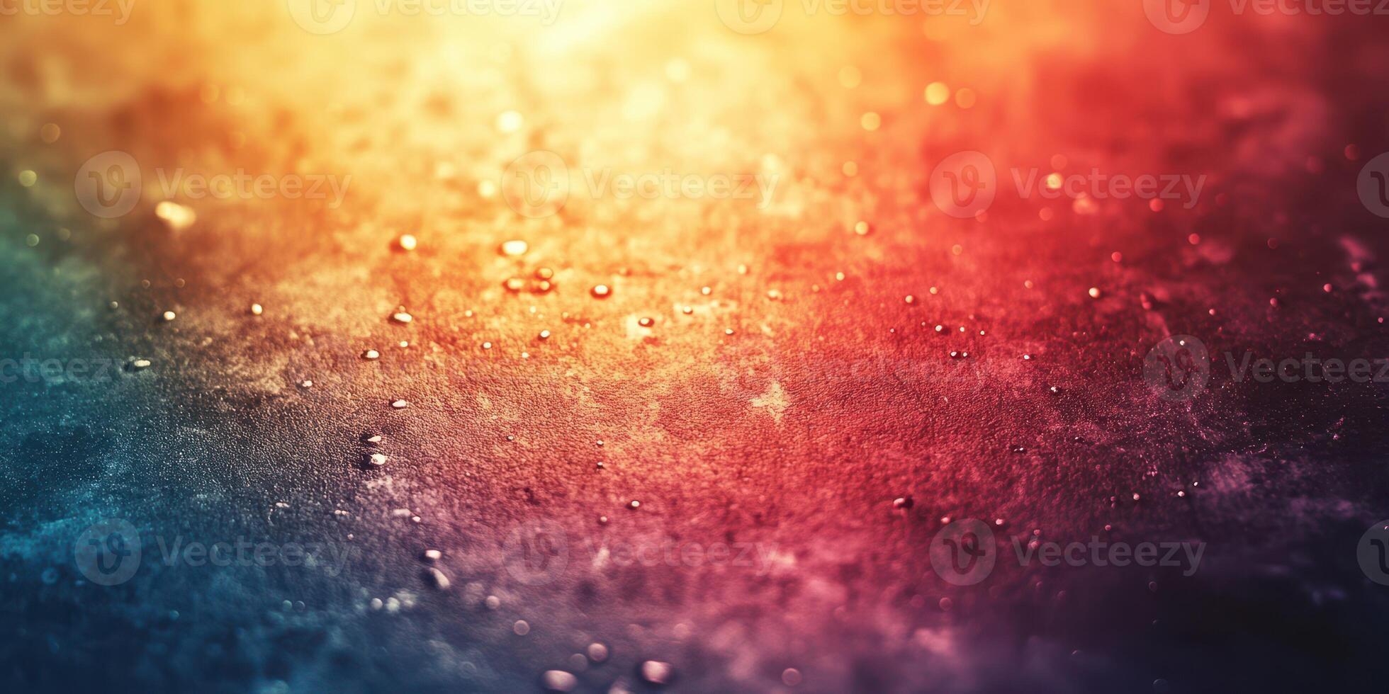 Colorful water droplets on a textured surface create a vibrant abstract background during twilight hours photo