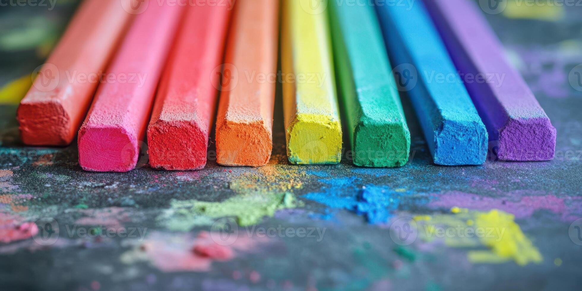 Colorful chalk arranged in a vibrant spectrum on a textured surface during an art project photo