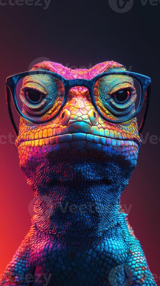 Colorful lizard character wearing glasses showcases vibrant textures and a confident expression against a dark background photo