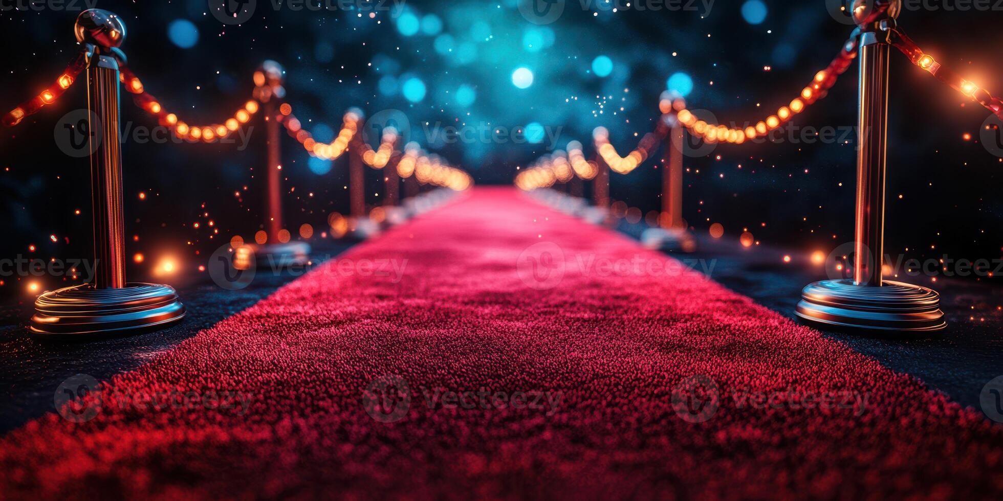 Glowing red carpet leading to a glamorous event under starry lights at night photo