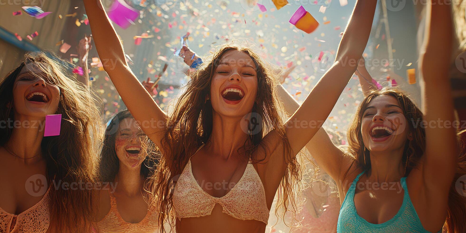 Celebration with friends in colorful outfits during summer festivities under bright sunlight photo