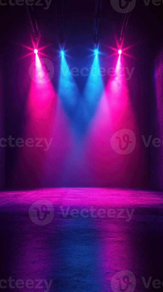 Colorful stage lights illuminate an empty performance space in a dramatic ambiance photo